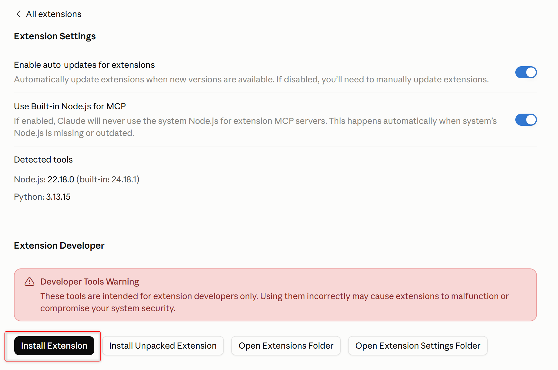 Extension Settings page showing the Extension Developer section with the Install Extension button highlighted