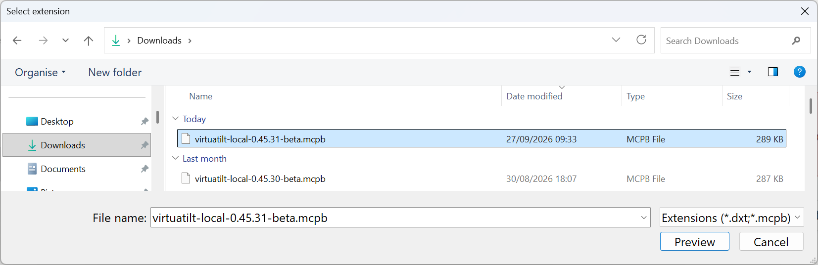 File picker showing the downloaded virtuatilt-local .mcpb file selected in the Downloads folder, ready for Preview