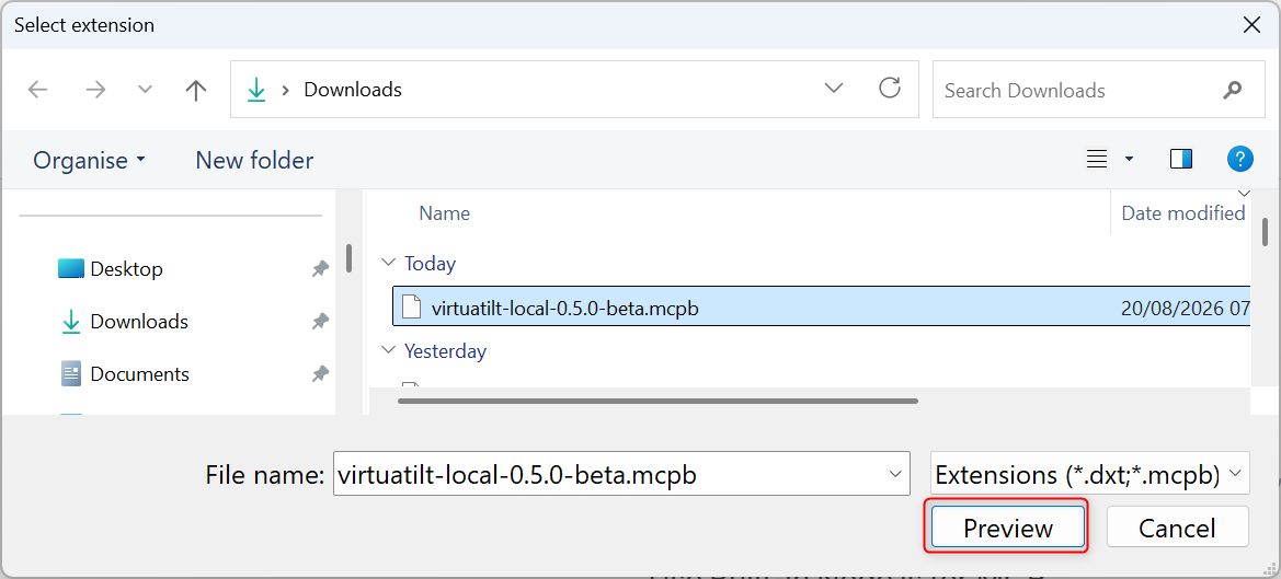 File picker showing the downloaded virtuatilt-local .mcpb file in the Downloads folder, with the Preview button highlighted