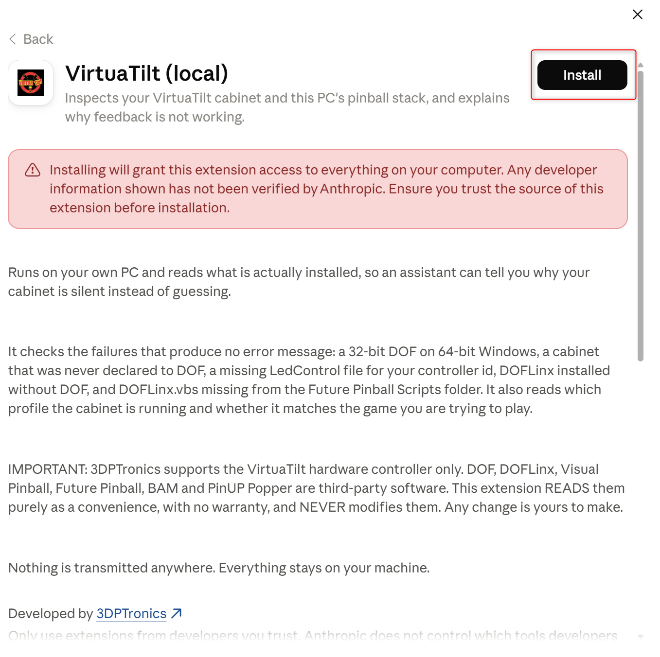 Review screen for VirtuaTilt (local) showing its description and permissions, with the Install button highlighted