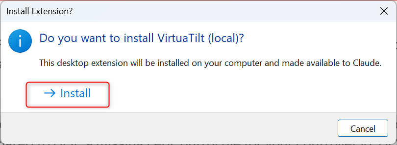 Confirmation dialog asking whether to install VirtuaTilt (local)