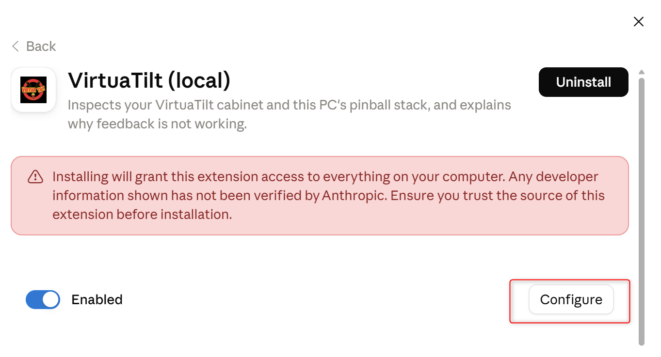 Installed VirtuaTilt (local) extension page with the Configure button highlighted