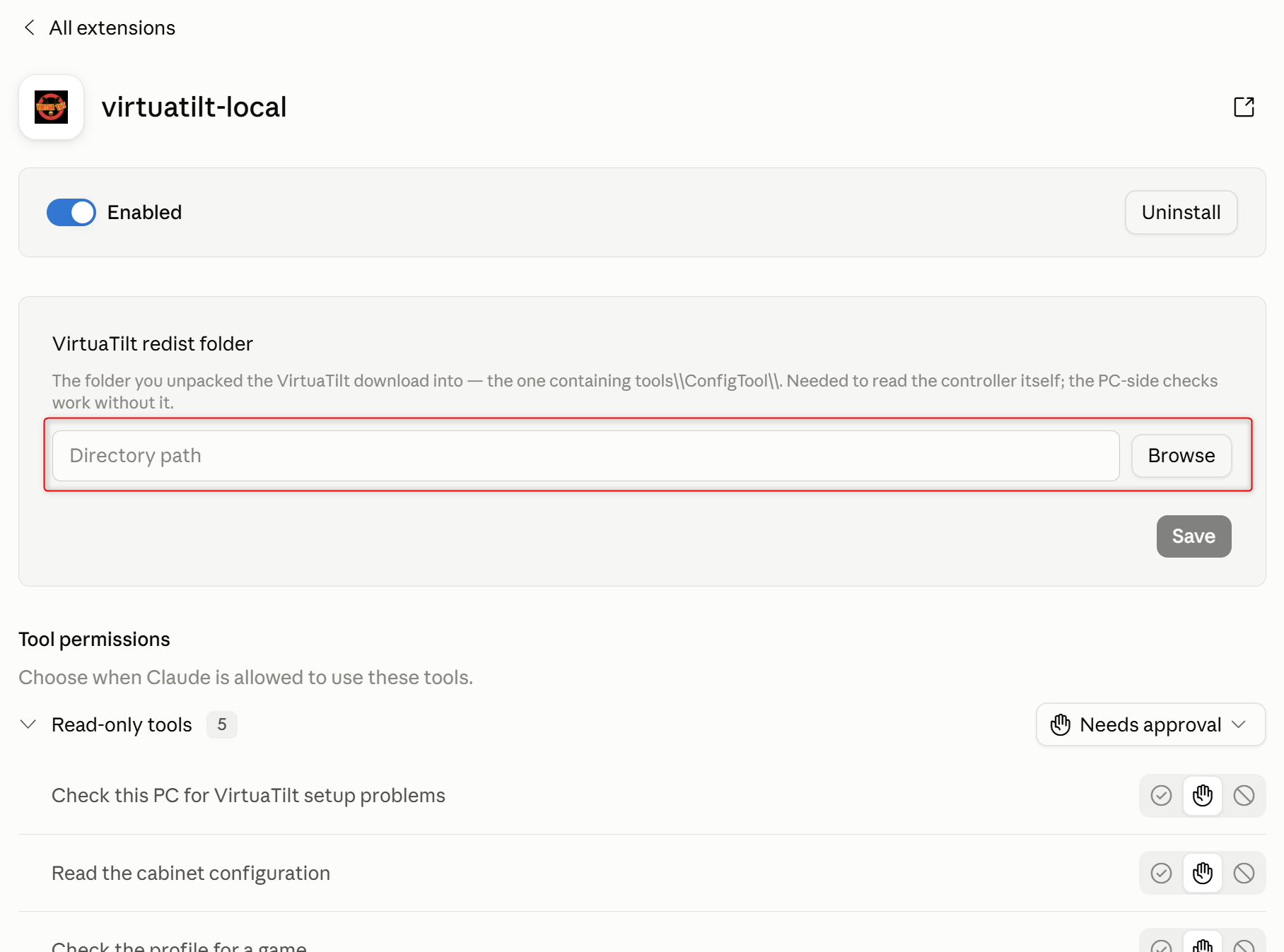 Extension settings showing the VirtuaTilt redist folder field with a Browse button