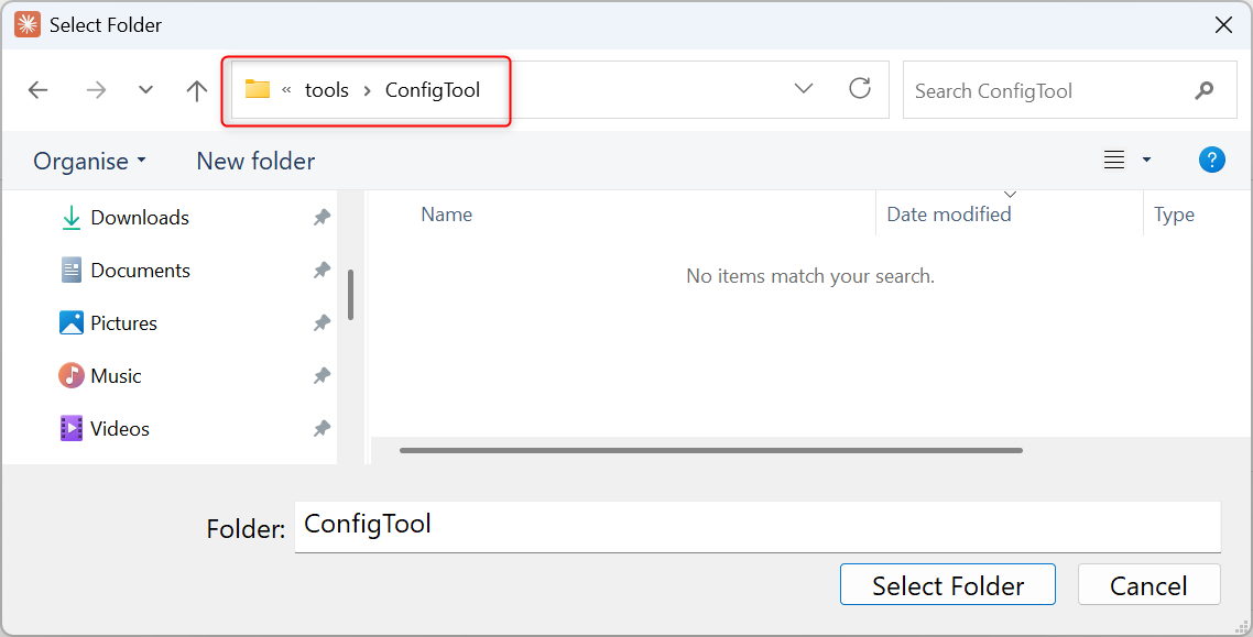 Windows folder picker with the path breadcrumb showing tools then ConfigTool, and ConfigTool in the Folder field