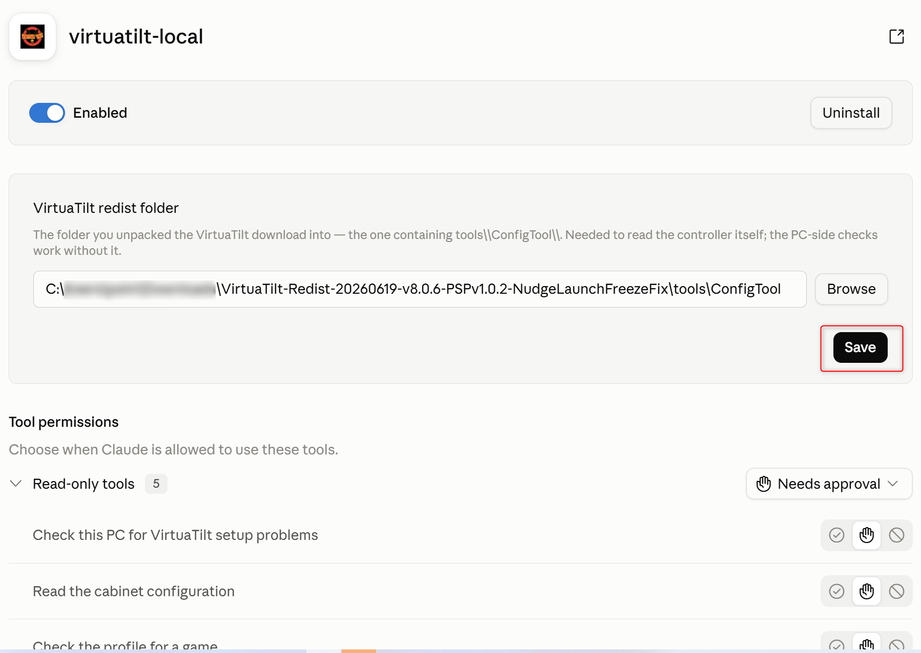 Extension settings with the redist path filled in and the Save button highlighted